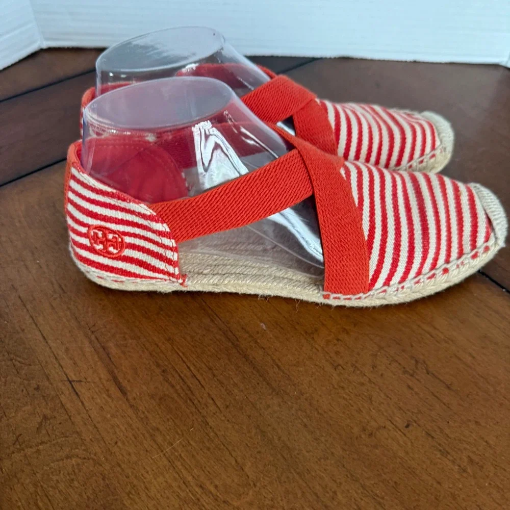 Tory Burch Red White Striped Canvas‎ Elastic Strap Espadrille Flats 8